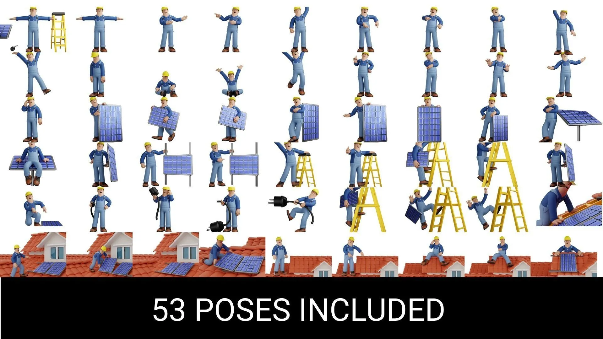53 pre-made poses for Solar Power Worker Character